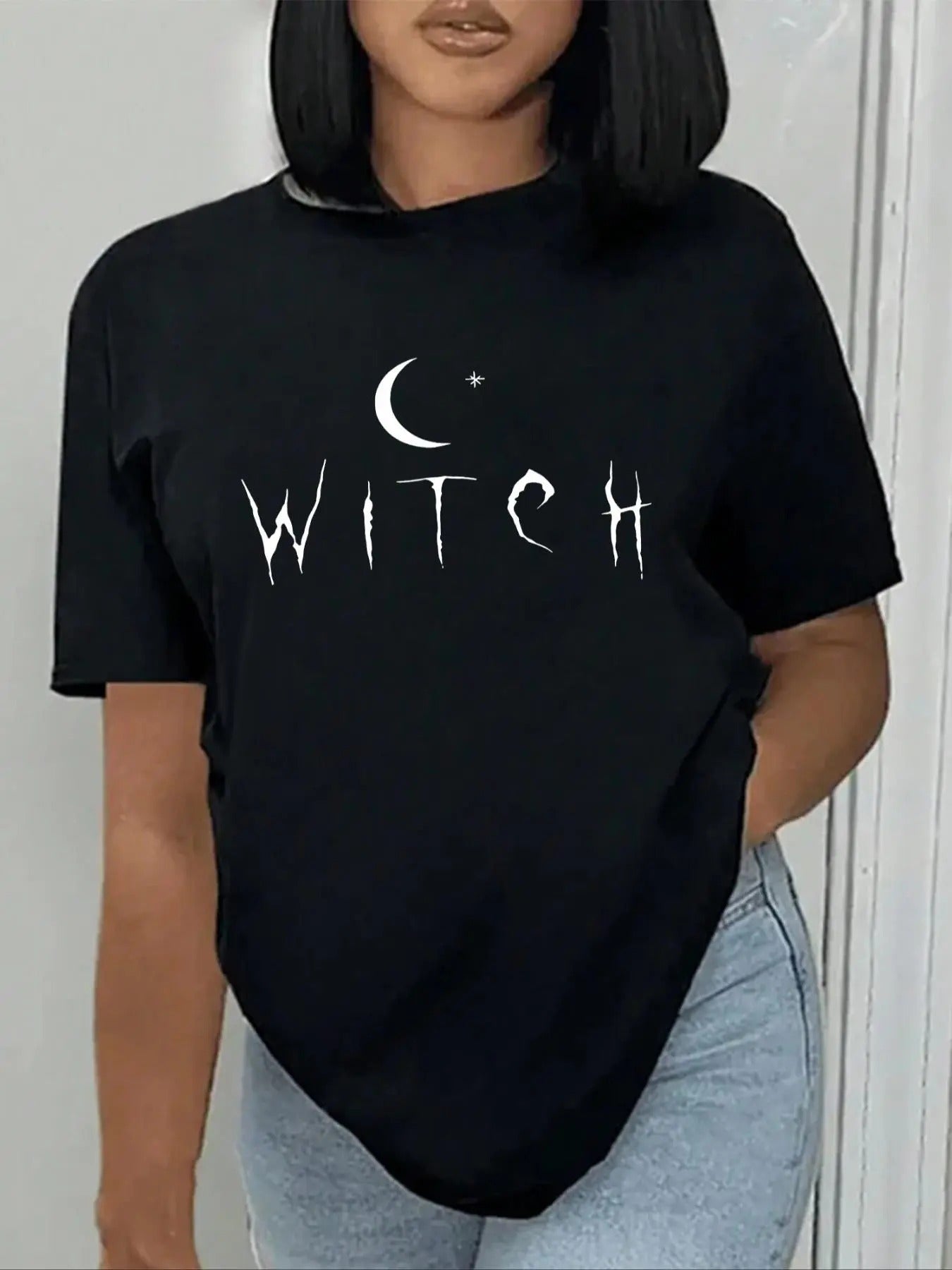Women's Letter & Moon Print Round Neck Tee, Casual Short Sleeve Crew Neck T-shirt for Daily Wear, Ladies Clothes for All...