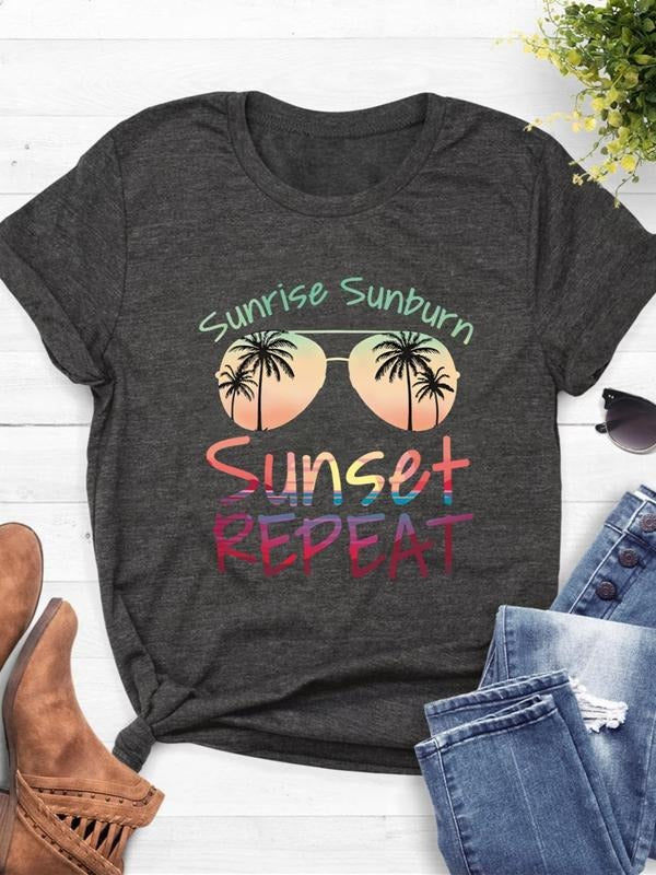 Women's Letter & Sunglasses Print Round Neck Tee, Casual Short Sleeve Graphic T-Shirt for Summer, Ladies Clothes for Daily Wear