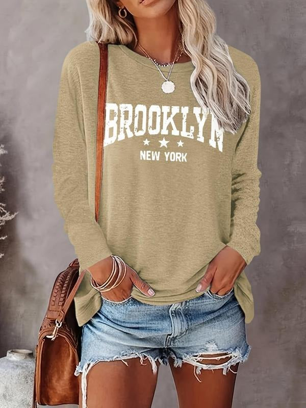 Women's Letter Print Round Neck Tee, Casual Long Sleeve Crew Neck T-shirt for Spring & Fall, Fashion Women's Top for...