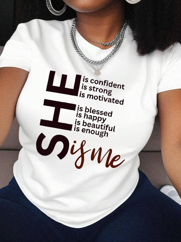 Women's Letter Print Round Neck Tee, Casual Short Sleeve Crew Neck T-Shirt for Summer, Fashion Women's Top for Daily Wear...