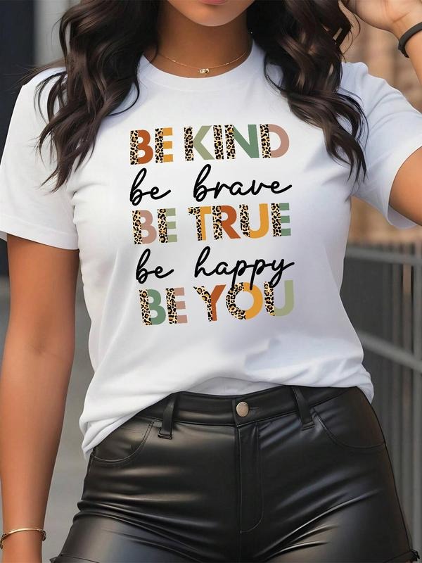 Women's Letter Print Round Neck Tee, Casual Short Sleeve Crew Neck T-shirt for Summer, Fashion Women's Top for Daily...
