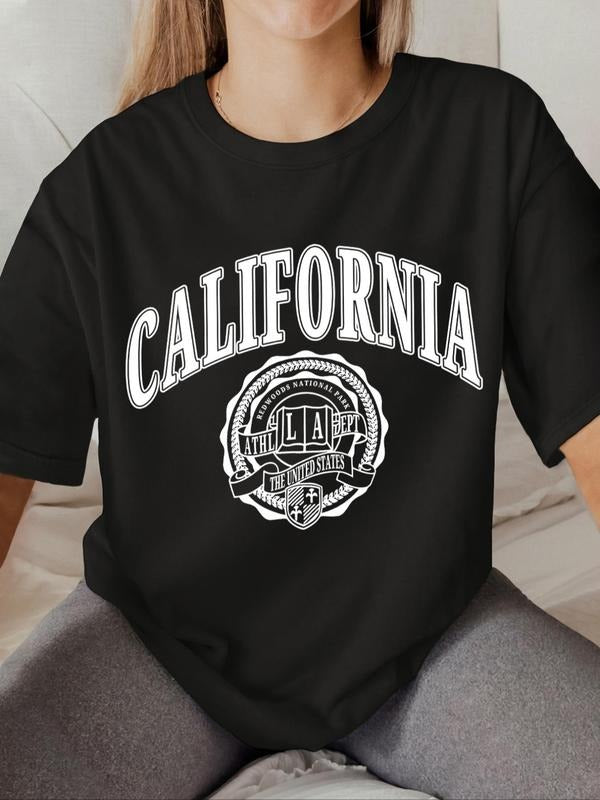 Women's Letter Print Round Neck Tee, Trendy Casual Drop Shoulder Short Sleeve T-shirt for Daily Wear, Ladies All Seasons...