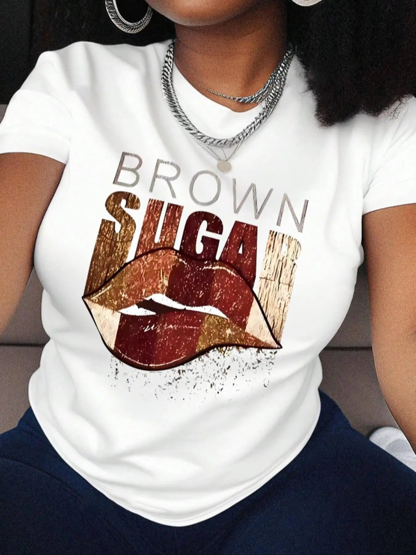 Women's Lip & Letter Print Round Neck Graphic Tee, Fashion Casual Lip Print Short Sleeve T-Shirt for Daily Holiday Vacation Outdoor Wear, Ladies Summer Clothes