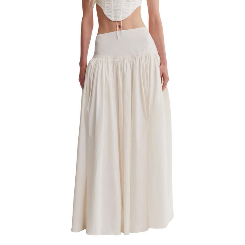 Women's Long Skirt Loose Fitting Elastic Waist Ruched Detail Solid Color Skirt for Spring Summer Lady Womenswear...