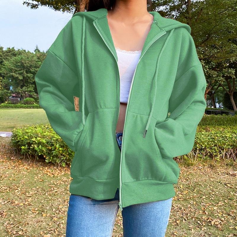 Women's Loose Zip Up Hoodies, Long Sleeve Solid Color Plush Lined Hooded Sweatshirts Womenswear Polyester T-Shirts