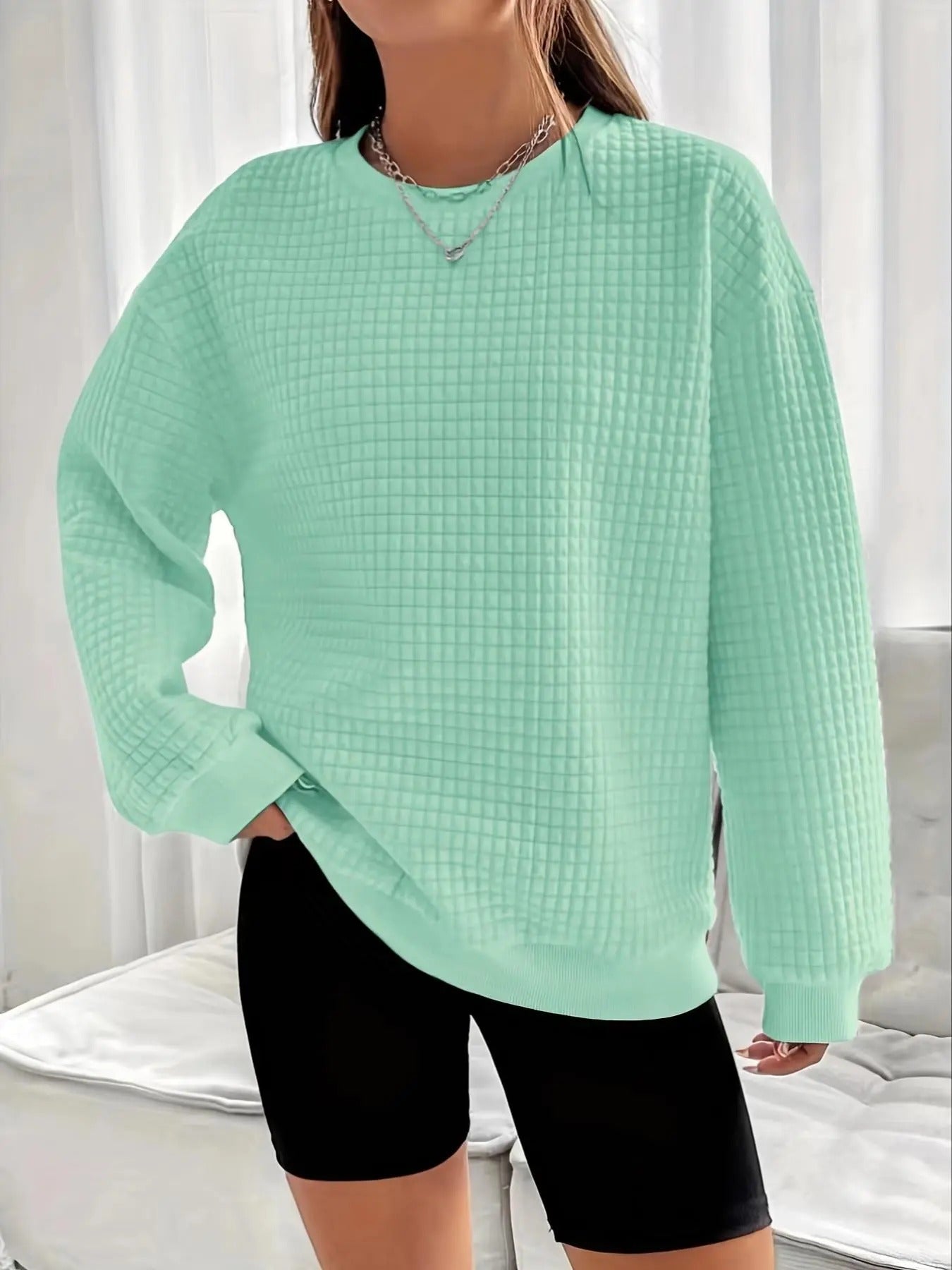 Women's Plain Drop Shoulder Waffle Knit Sweatshirt, Casual Long Sleeve Round Neck Pullover for Spring & Fall, Ladies...