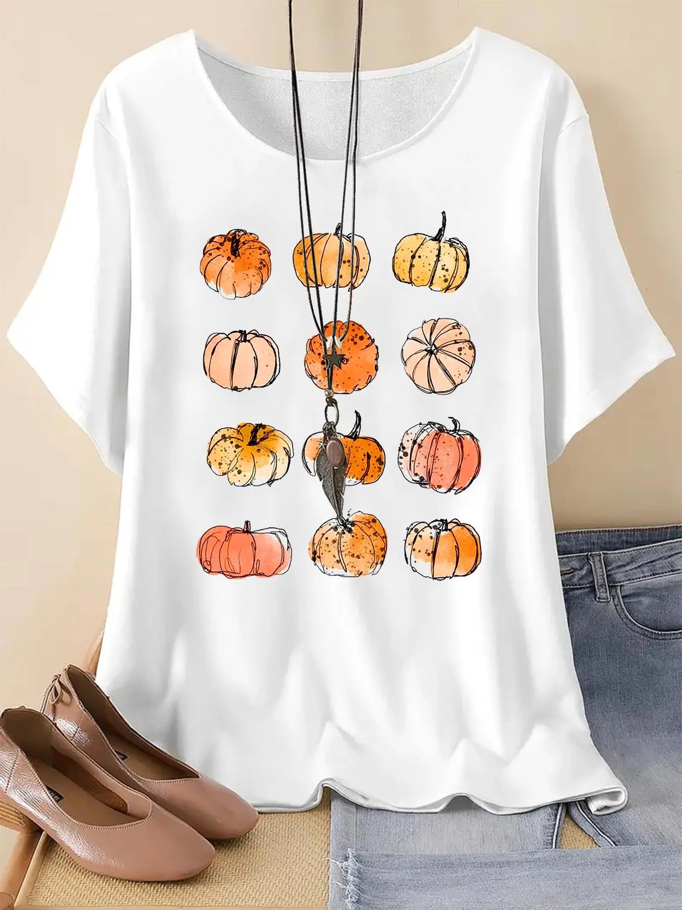 Women's Pumpkin Print Round Neck Tee, Vintage Trendy Casual Short Sleeve T-shirt for Daily Wear, Ladies Summer Outfit...