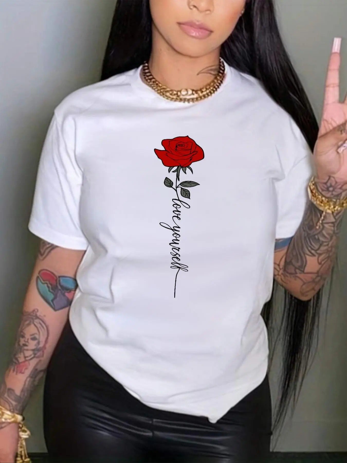 Women's Rose & Letter Print Round Neck Tee, Fashion Casual Crew Neck T-shirt for Daily Holiday Vacation Outdoor Wear,...