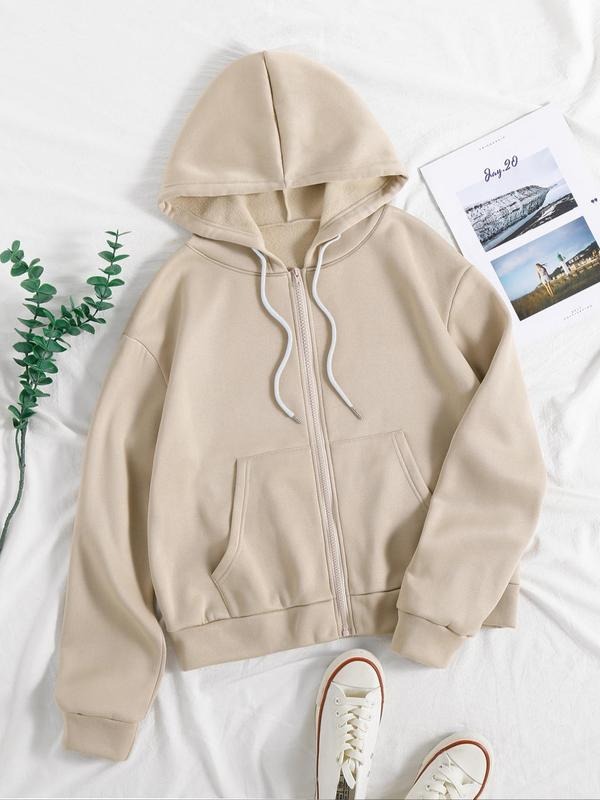 Women's Solid Drawstring Pocket Zipper Hoodie, Casual Long Sleeve Zip Up Hooded Outerwear for Spring & Fall, Women's...
