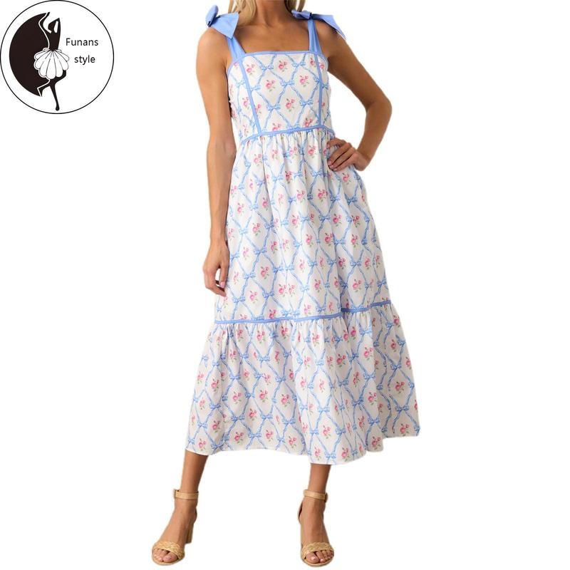 Women's Summer Midi Cami Dress Sleeveless Open Back Floral Beach Dress with 2 Pockets