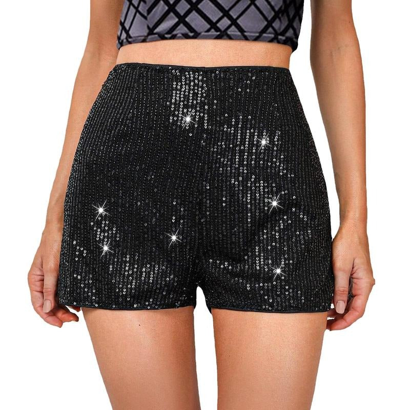 Women's Summer Sequins Shorts Mid Waist Elastic Band Sparkly Straight Leg Shorts Glitter Hot Pants for Party Womenswear Bottom