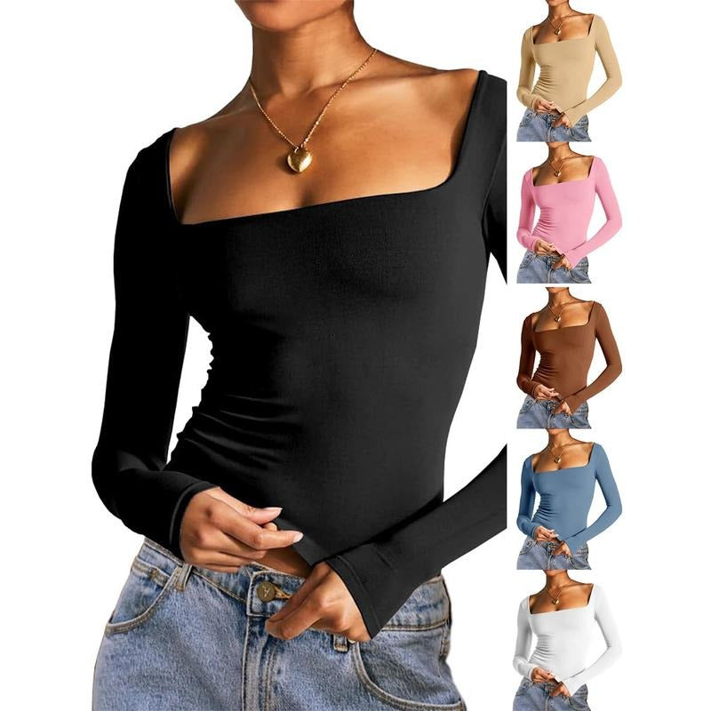 Women's Summer Slim Cropped Tops Solid Color Long Sleeve Square-Neck Basic T-Shirt Streetwear Womenswear Polyester...