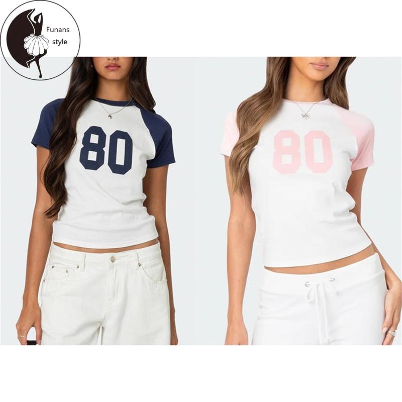 Women's Summer Tops Striped Raglan Sleeve Round Neck Letter Print T-Shirts Street Blouses Hoodie, Sweatshirt
