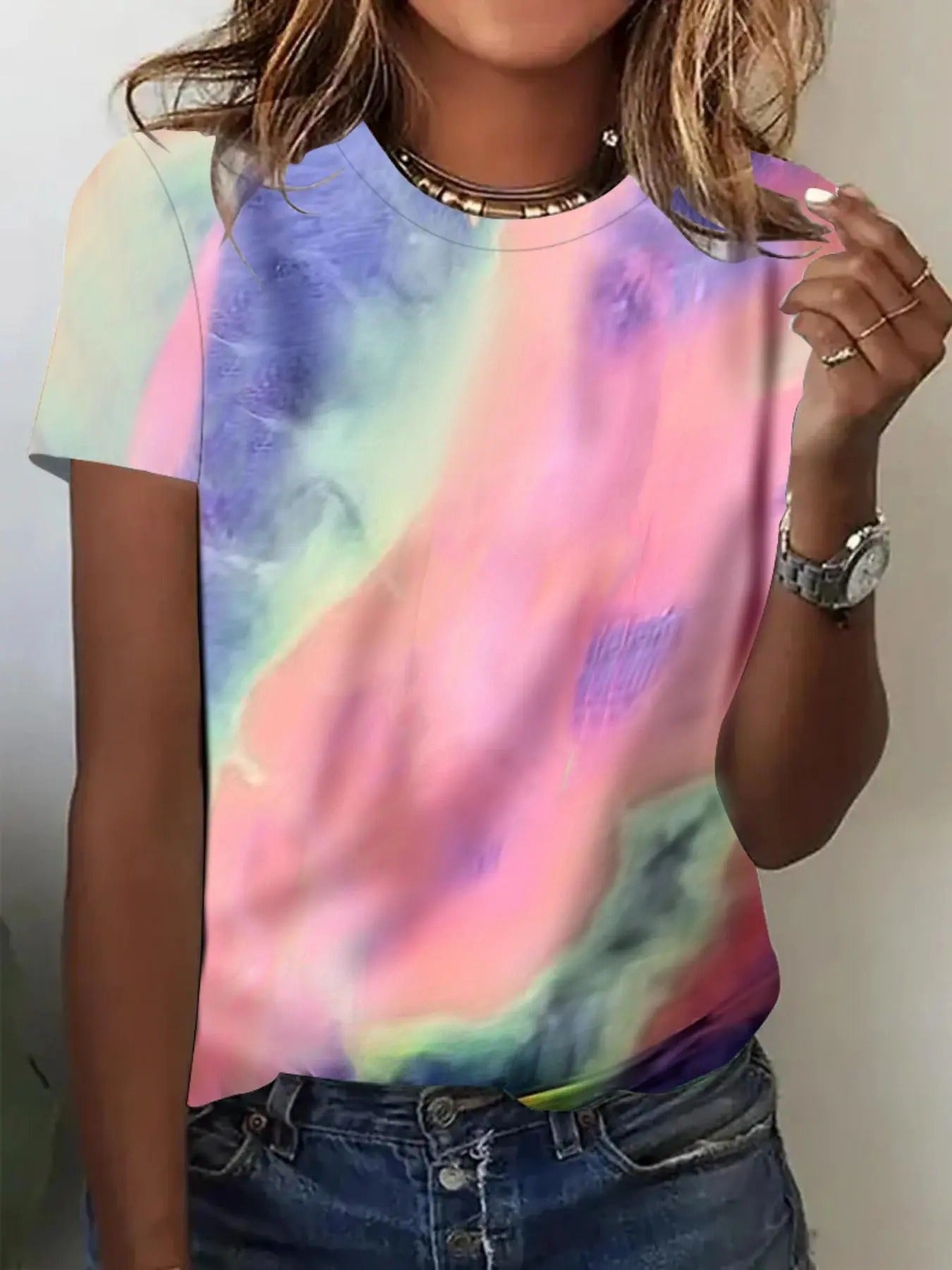 Women's Tie Dye Print Round Neck Tee, Fashion Casual Crew Neck T-shirt for Daily Holiday Vacation Outdoor Wear, Ladies...