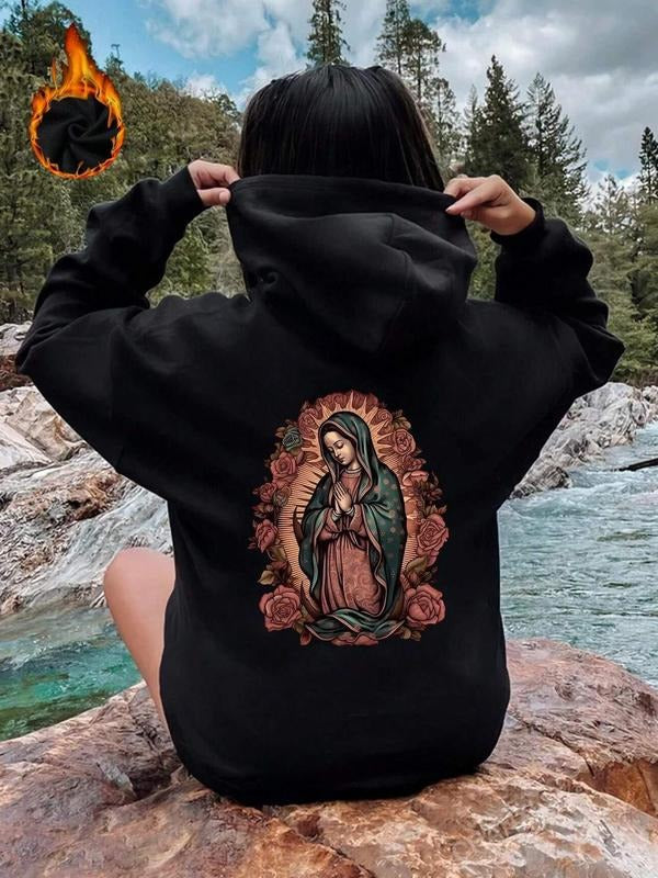 Women's Virgin Mary & Flower Pattern Hoodie, Trendy Casual Hooded Pullover for Daily Holiday Outdoor Wear, Women Clothing...