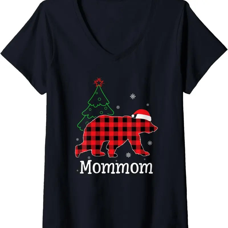 Womens Funny Xmas Red Plaid Mommom Bear Ugly Christmas Sweater V-Neck T-Shirt Hoodie, Sweatshirt | InkThreadWorks.com