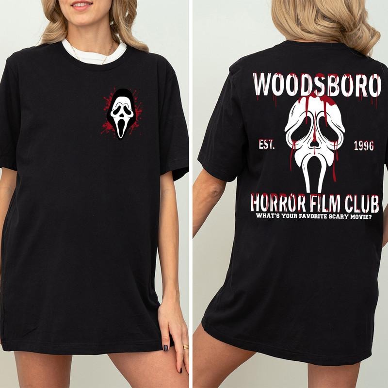 Woodsboro Horror Film Club 2 Sided T-Shirt, Horror Film Club T-Shirt,, Woodsboro Scream T-Shirt,, Scream Ghostface Hoodie, Ghostface Halloween Sweater, Scary Movie Hoodie