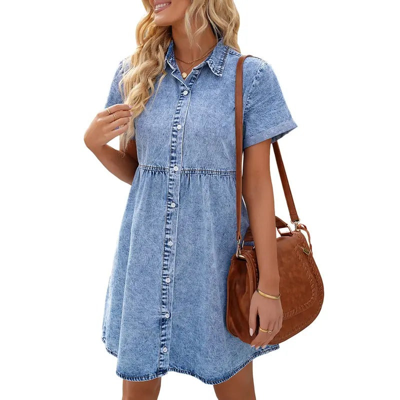 Women Summer Denim Dress, Solid Color Lapel Short-Sleeve Buttons Casual for Ladies, S/M/L/XL Fashion Polyester Womenswear Check