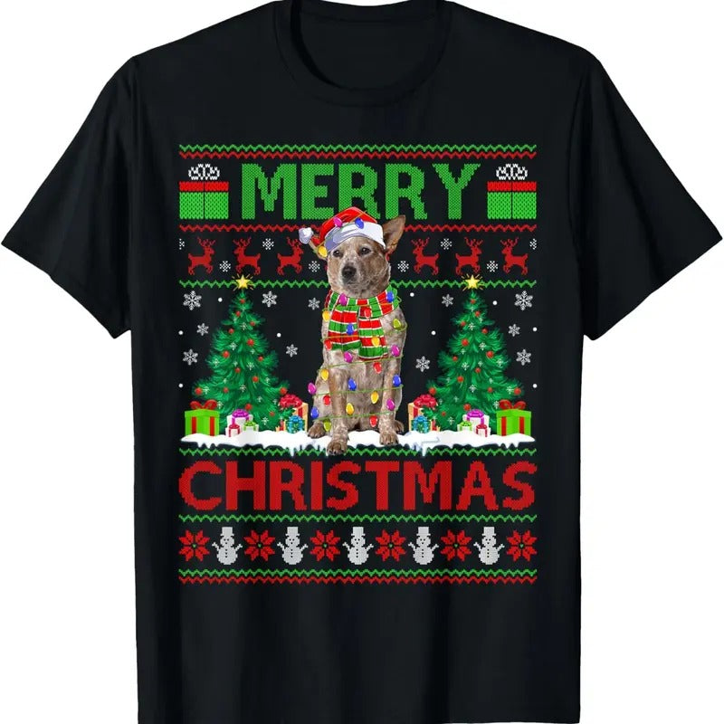 Xmas Tree Lights Ugly Santa Australian Cattle Dog Christmas T-Shirt Hoodie, Sweatshirt | InkThreadWorks.com
