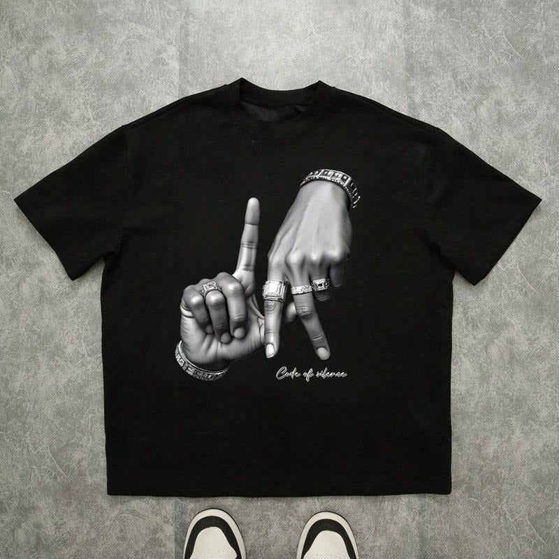 Y2K Clothing Hand Sign Cod of Silence Casual Graphic T-Shirt Graphic Tee Cotton Top Streetwear
