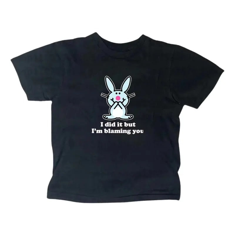 Y2k Happy Bunny Baby Tee, Gothic Emo Girl Top, Scene Clothing 2000s, Casual Cotton Short Sleeve, Y2k Top Women...
