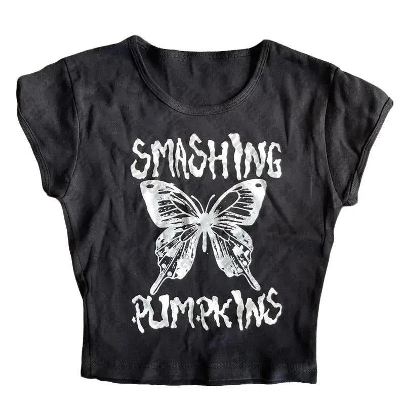 Y2k style Summer Goth 90s Vintage fairy Butterfly Graphic Baby Tee emo Cute Punk Women Crop top Short Sleeve Streetwear