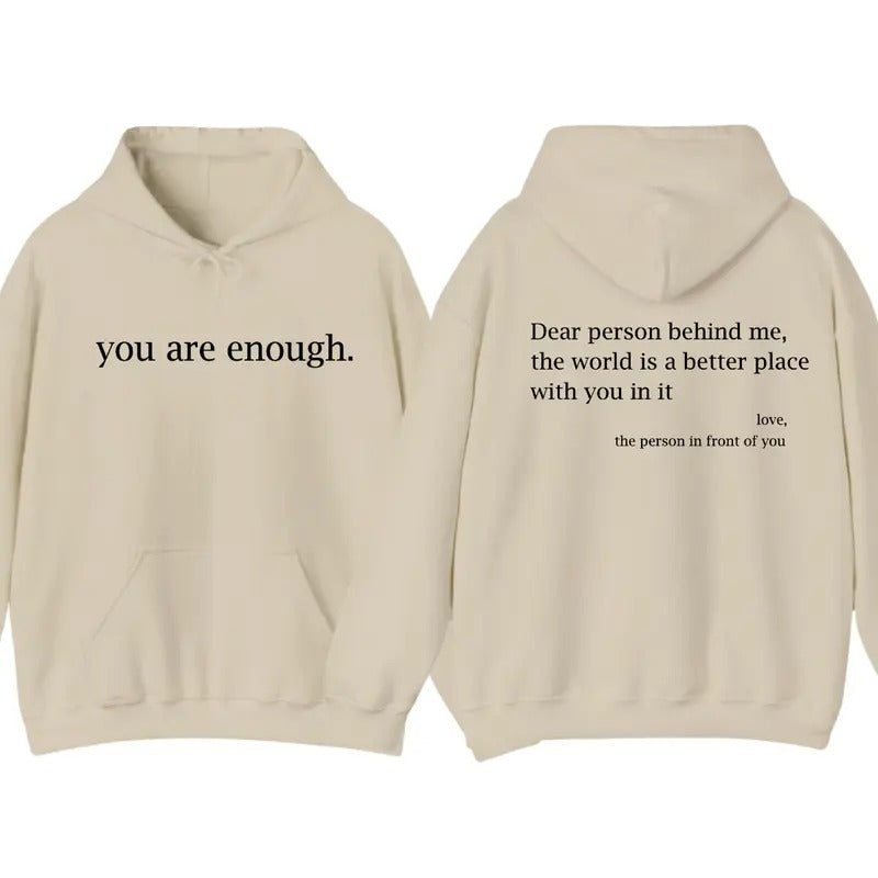 You Are Enough 2 Sided Hoodie T-Shirt, Men's Letter Print Pocket Drawstring Graphic, Spring Fall Menswear