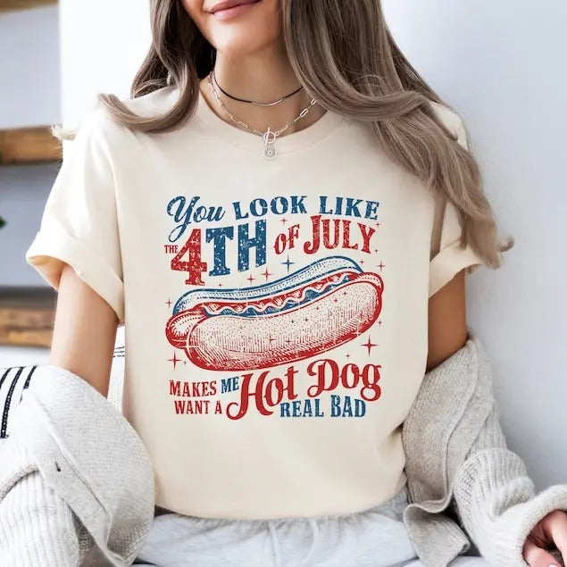 "You Look L1ke The 4th Of July Tees, Funny 4th July T-Shirt, Hot Dog Lover Shirt, Makes Me Want A Hot Dog Real Bad Shirt, Independence Day Tee, Unisex Shirt"