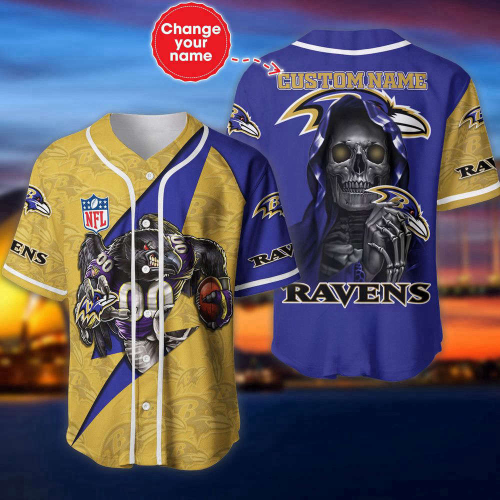 Baltimore Ravens Baseball Jersey Shirt Skull Custom Name, Gift For Men Women - Aopprinter