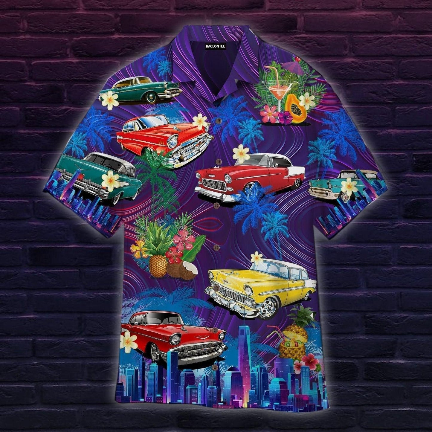 Beach Sunset with Classic Cars Aloha Hawaiian Shirt