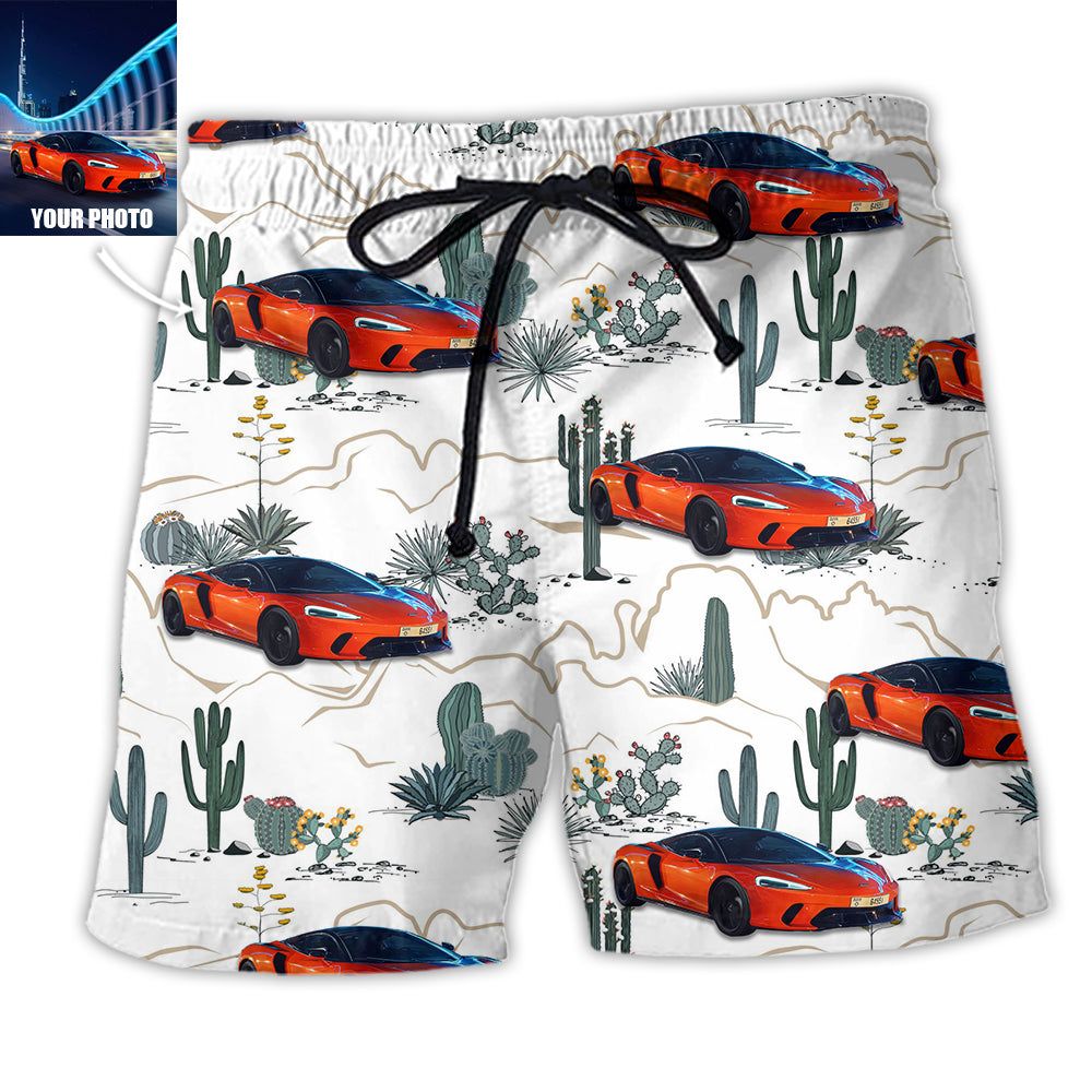 Car Desert With Mountains Blooming Cacti Opuntia And Saguaro Custom Photo Trendy Aloha Hawaiian Beach Shorts