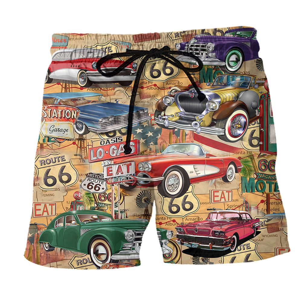 Car The Mother Road Route 66 Road Trip Trendy Aloha Hawaiian Beach Shorts