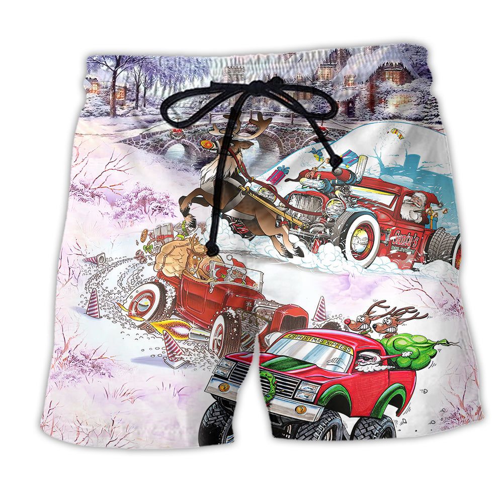 Christmas Car Run Xmas Hohoho Trendy Aloha Hawaiian Beach Shorts