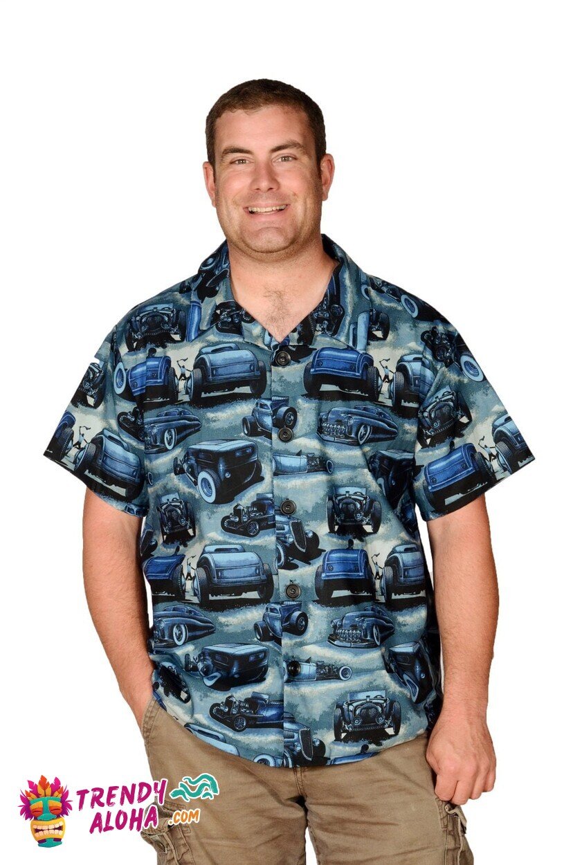 Classic Blue Hot Rods Retro Car Pattern Hawaiian Shirt for Collectors