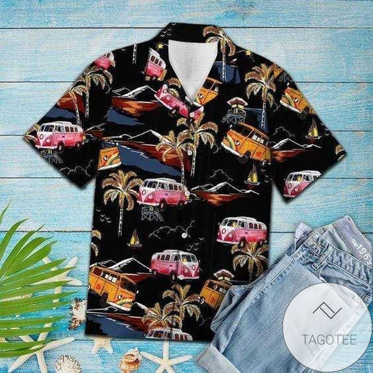 Classic Camping Car Illustrated on a Hawaiian Shirt