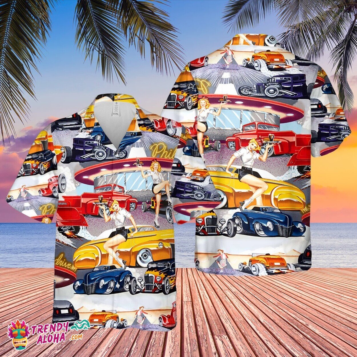 Classic Car Diner Theme Hawaiian Shirt for Muscle Car Fans