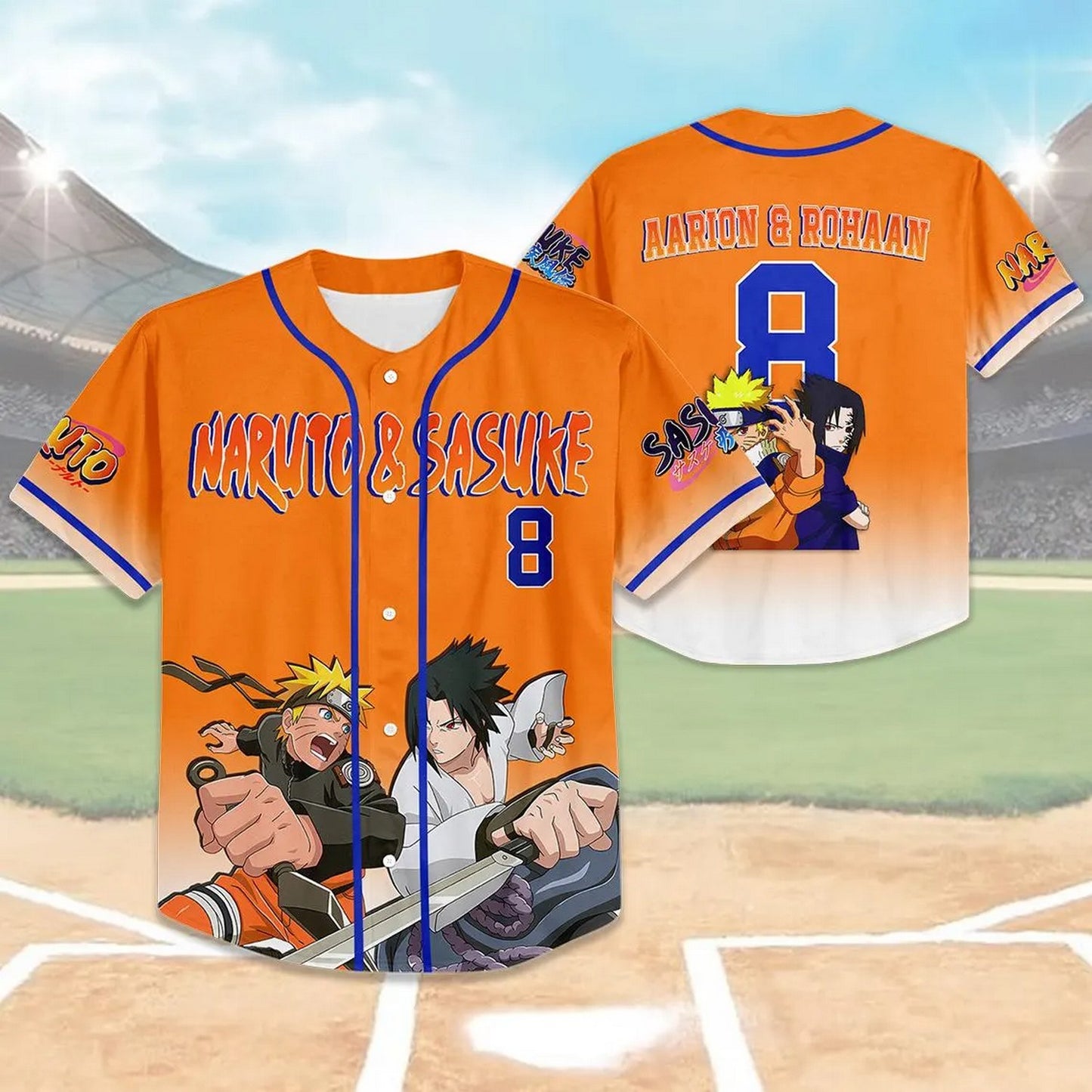 Custom Name And Number Anime Naruto & Sasuke Orange Baseball Jersey