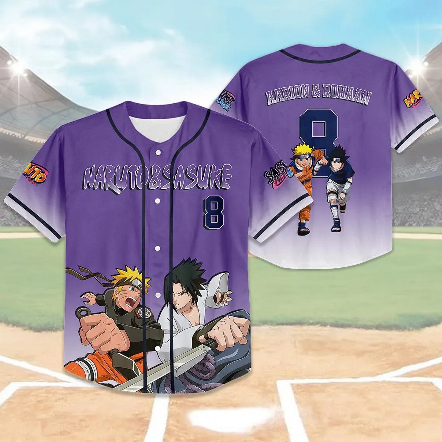 Custom Name And Number Anime Naruto & Sasuke Purple Baseball Jersey