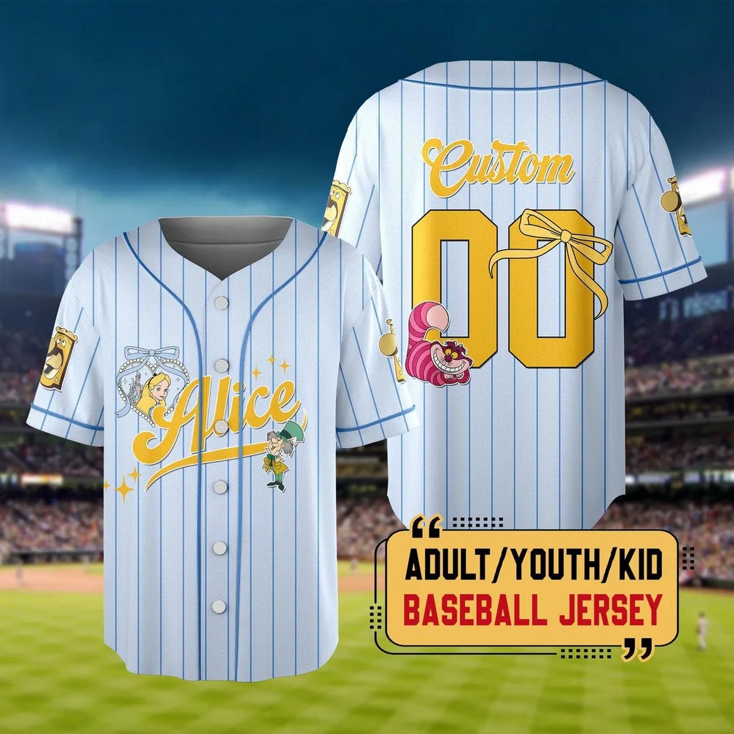 Custom Name And Number Disney Alice In Wonderland Striped Blue Baseball Jersey