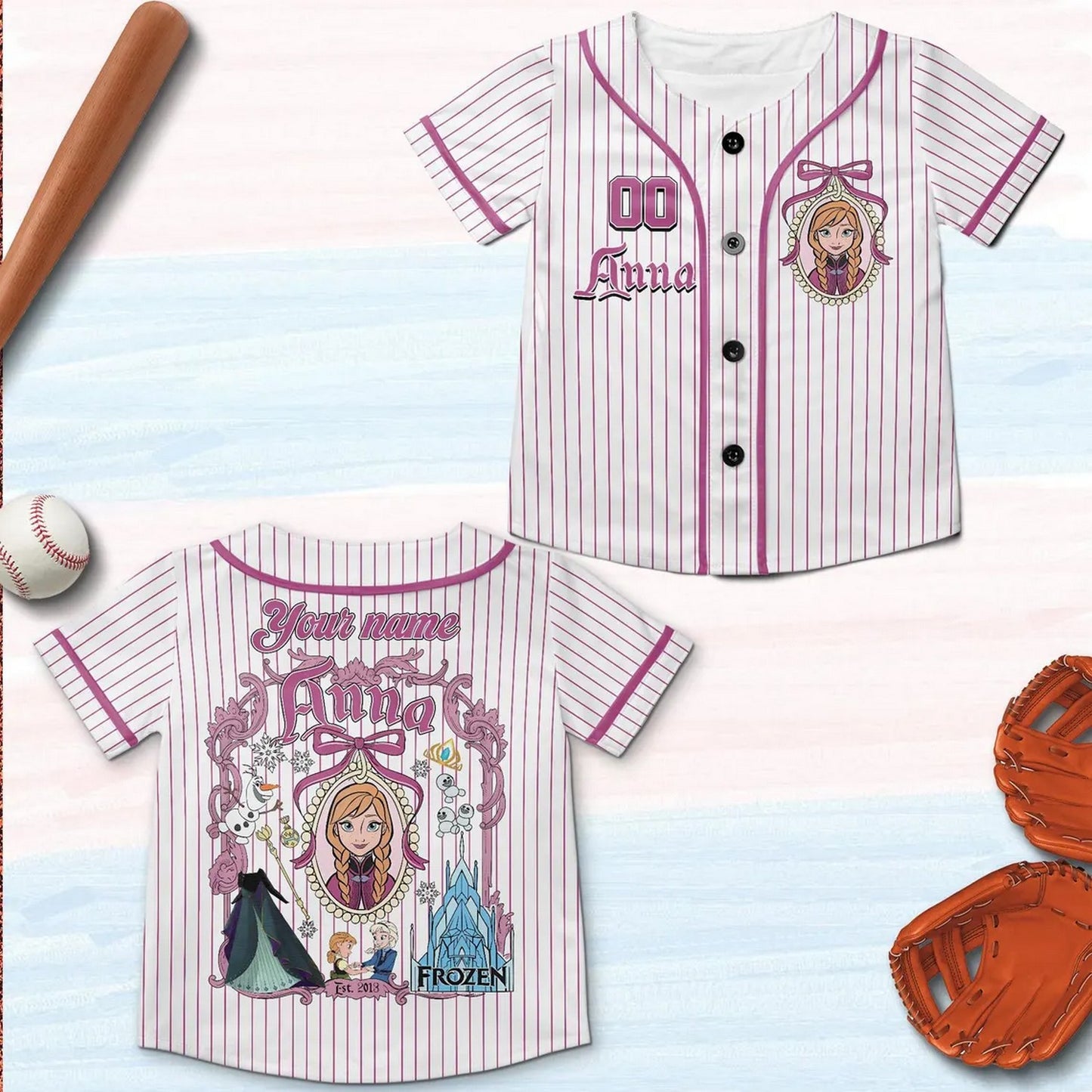 Custom Name And Number Disney Anna Princess Striped White Baseball Jersey