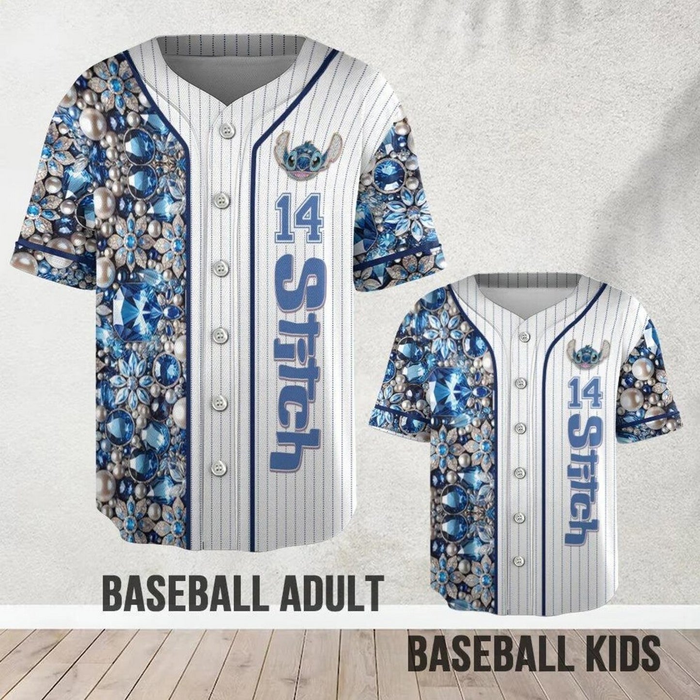 Custom Name And Number Disney Blue Gem Stitch Striped White Baseball Jersey