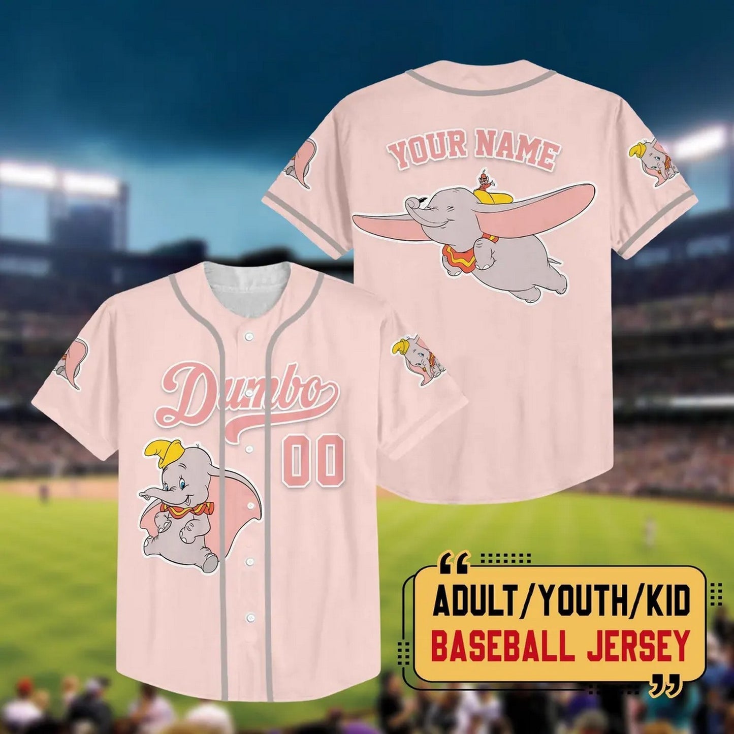 Custom Name And Number Disney Dumbo Flying Simple Pink Baseball Jersey