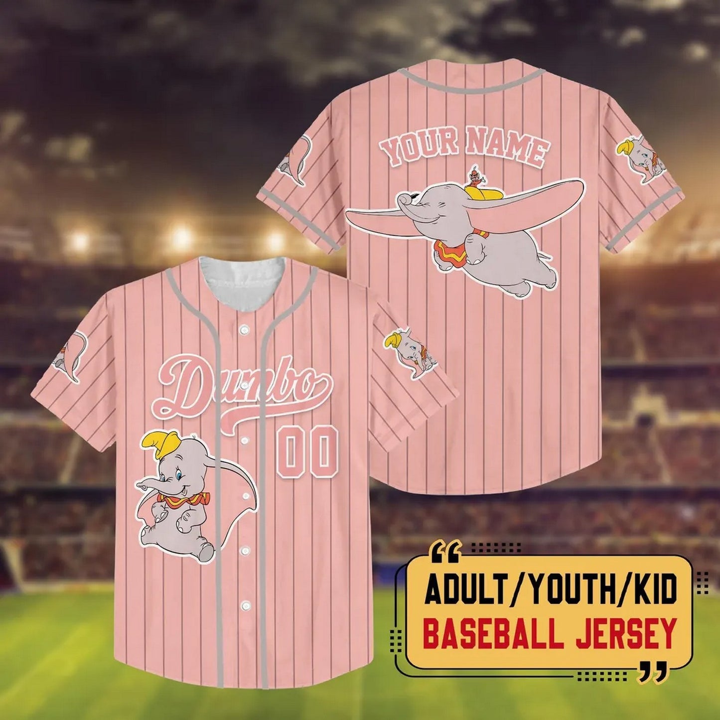Custom Name And Number Disney Dumbo Flying Striped Pink Baseball Jersey