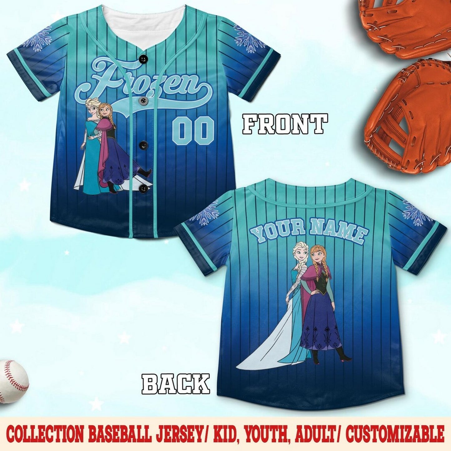 Custom Name And Number Disney Frozen Princess Elsa And Anna Blue Ocean Baseball Jersey