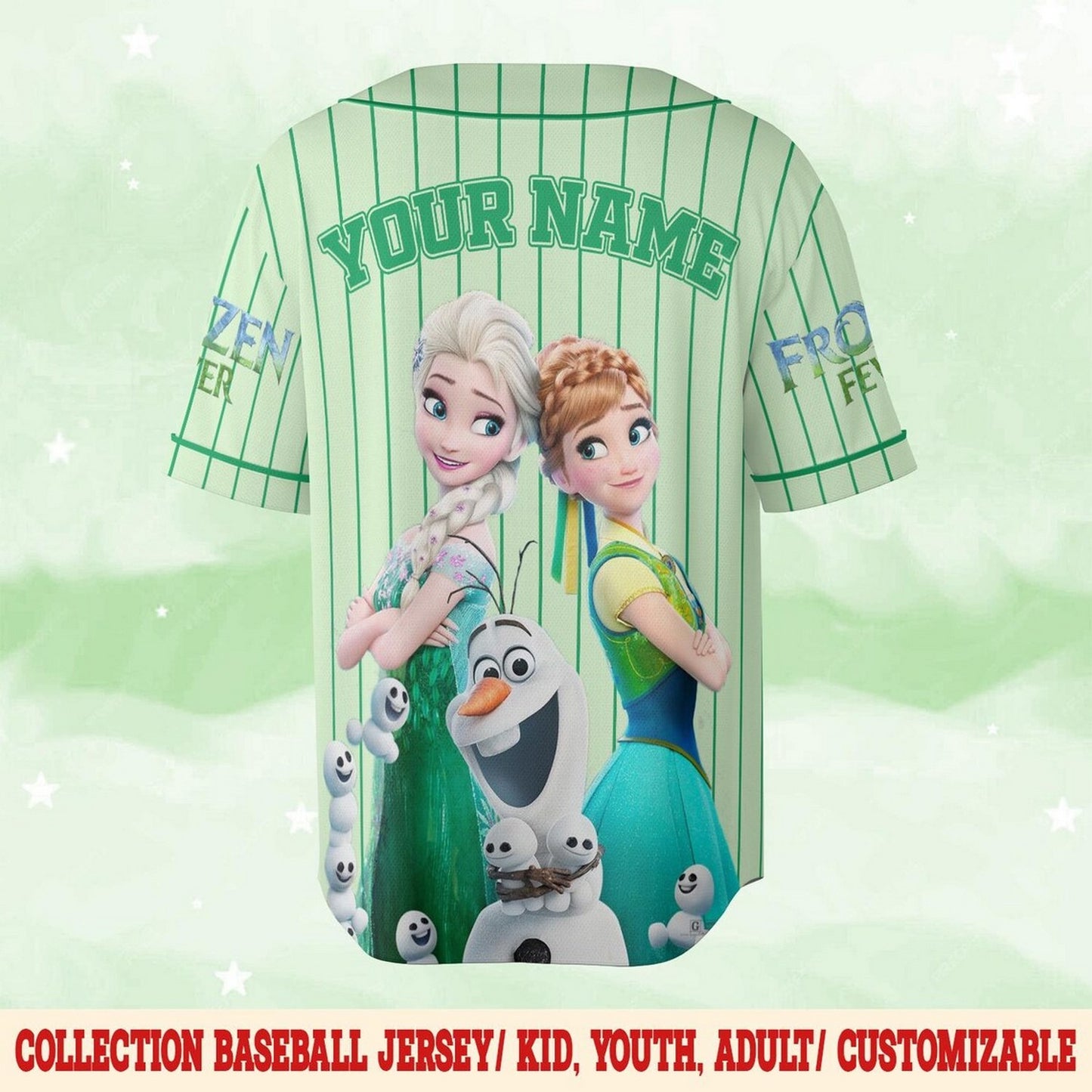 Custom Name And Number Disney Frozen Princess Elsa Green Baseball Jersey