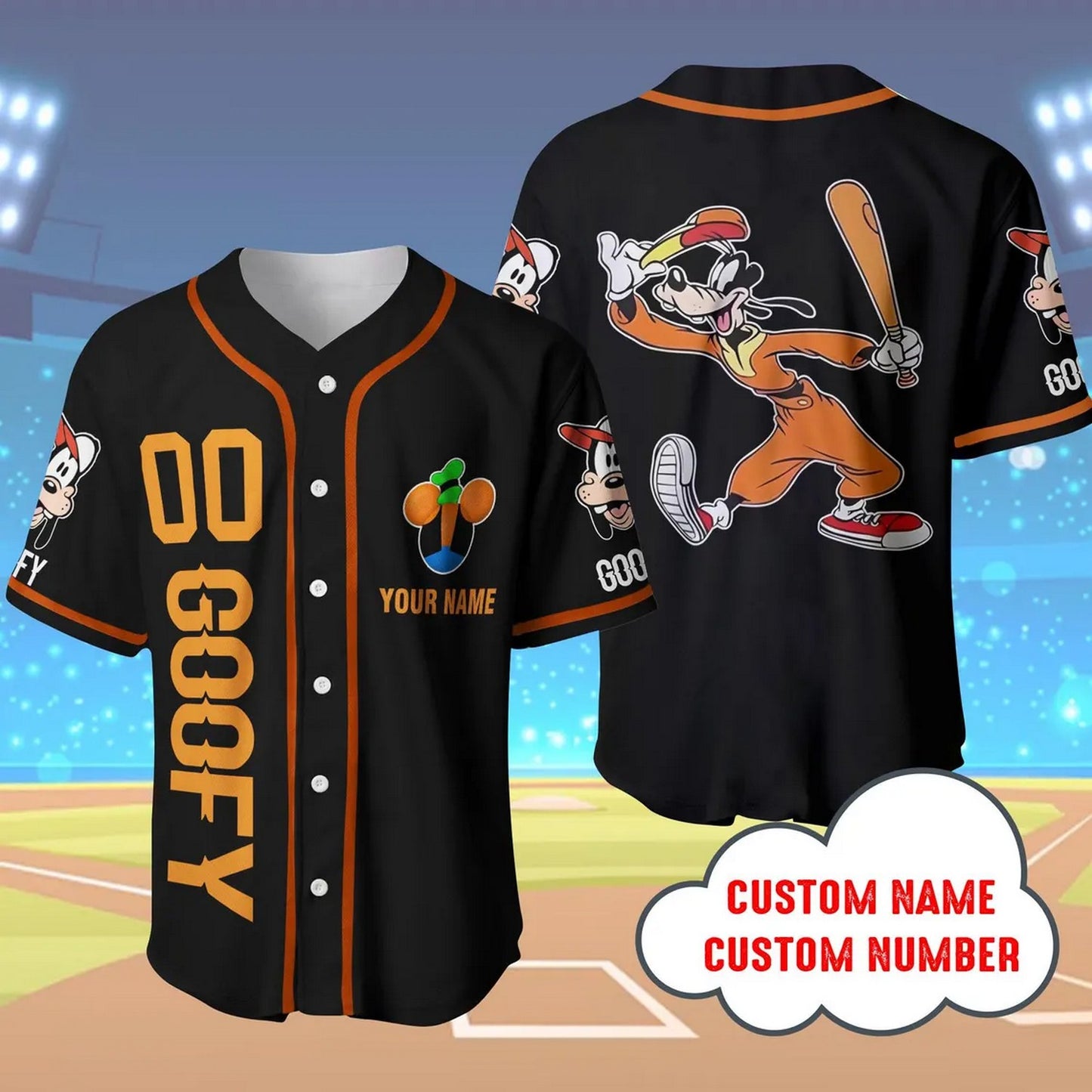 Custom Name And Number Disney Goofy Black Baseball Jersey