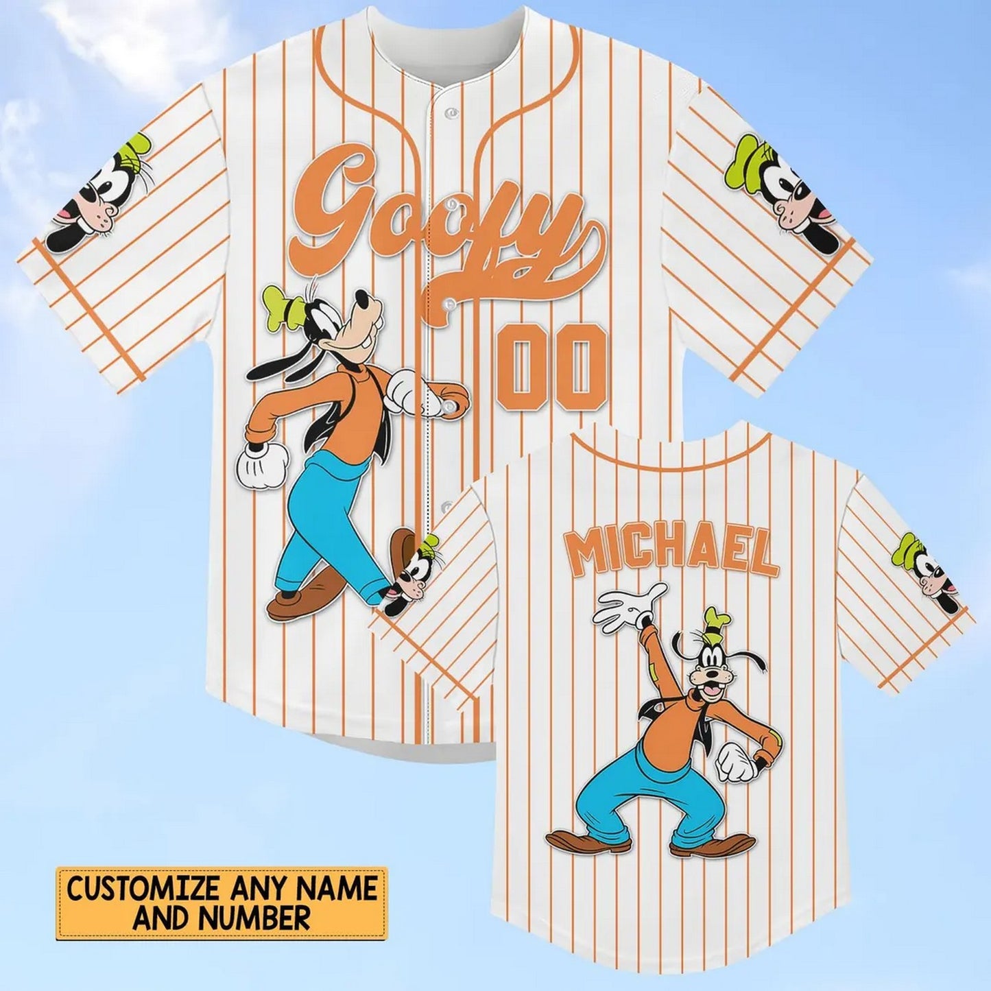 Custom Name And Number Disney Goofy Dog Striped Line White Baseball Jersey