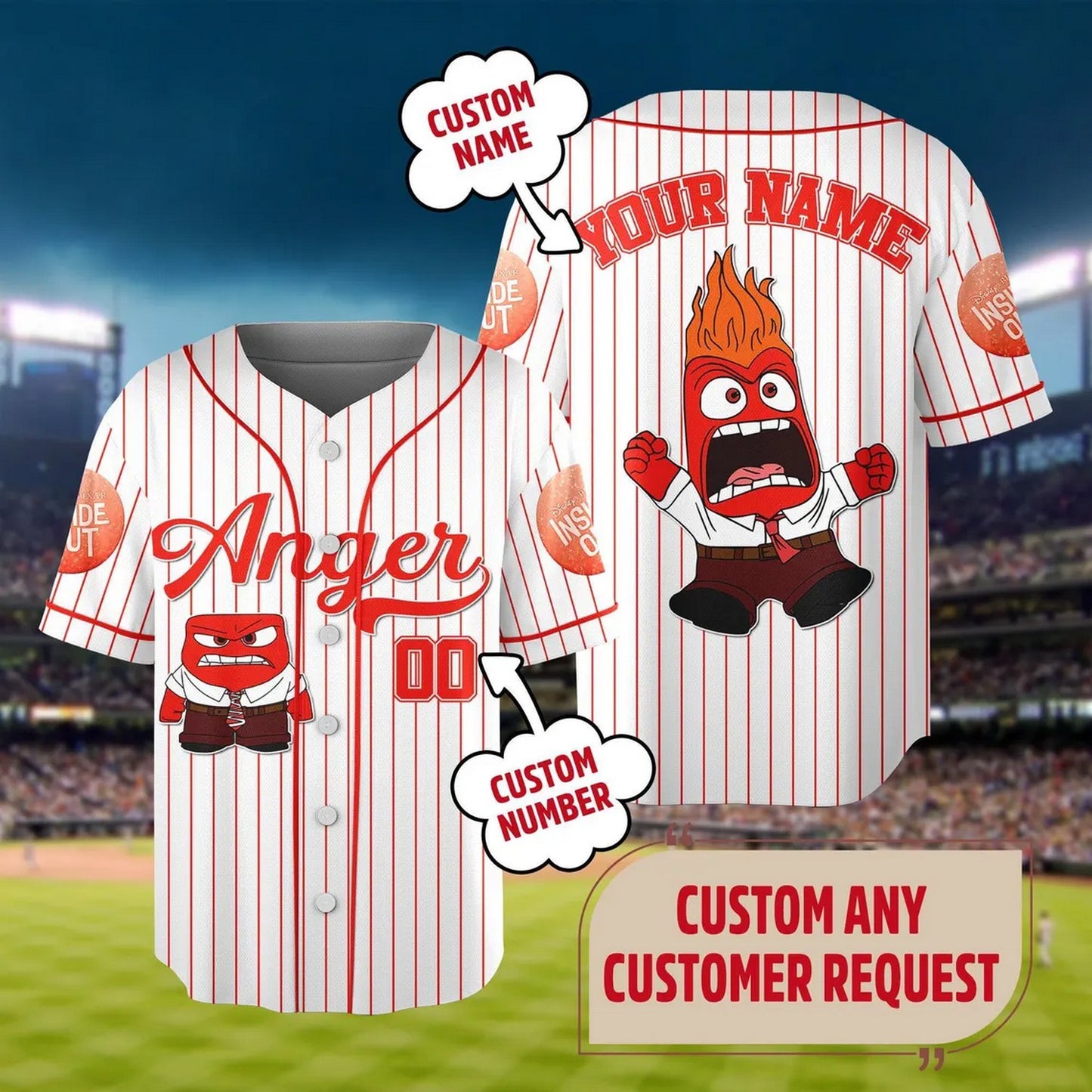 Custom Name And Number Disney Inside Out Anger Strpied White Baseball Jersey