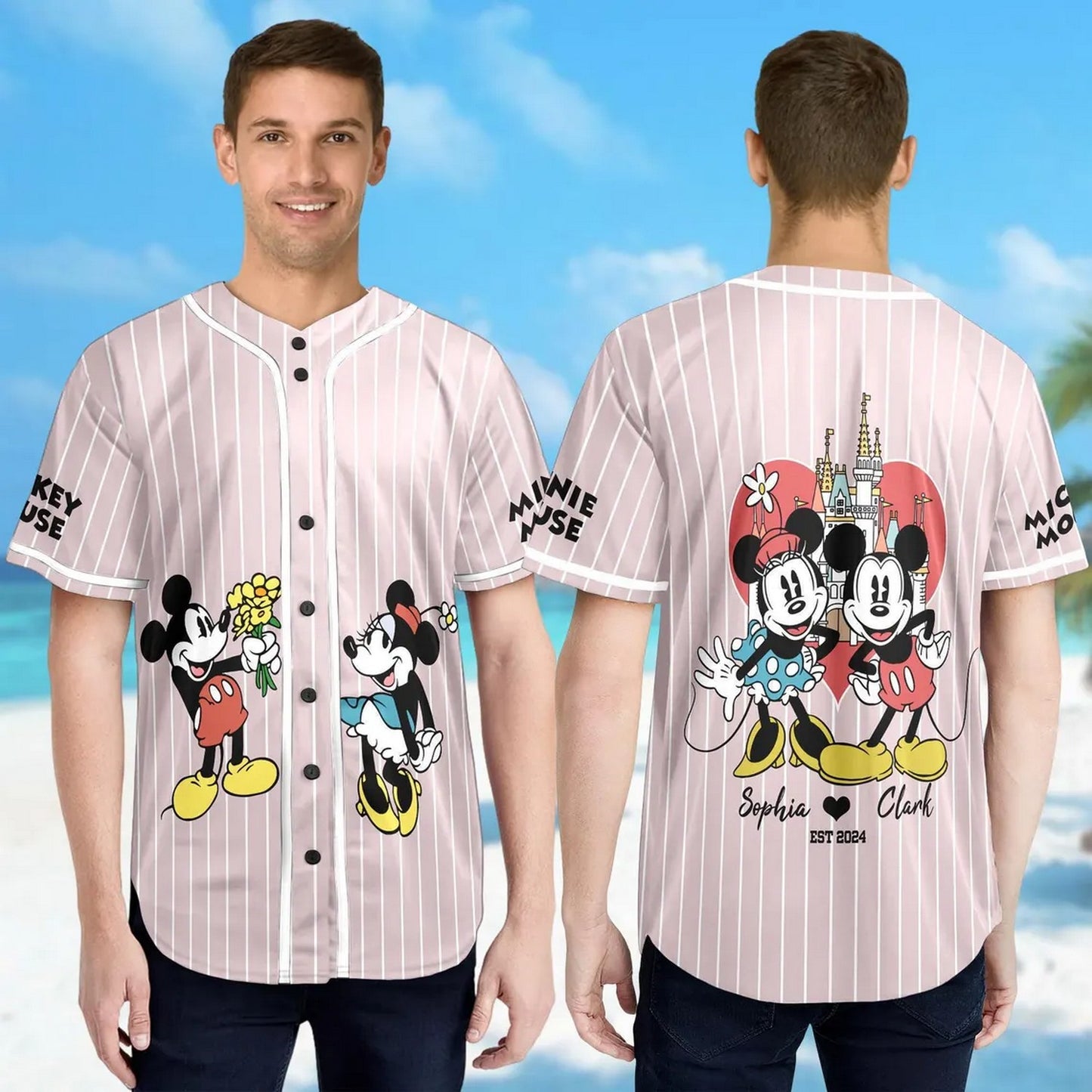 Custom Name And Number Disney Mickey And Minnie Striped Line Baseball Jersey