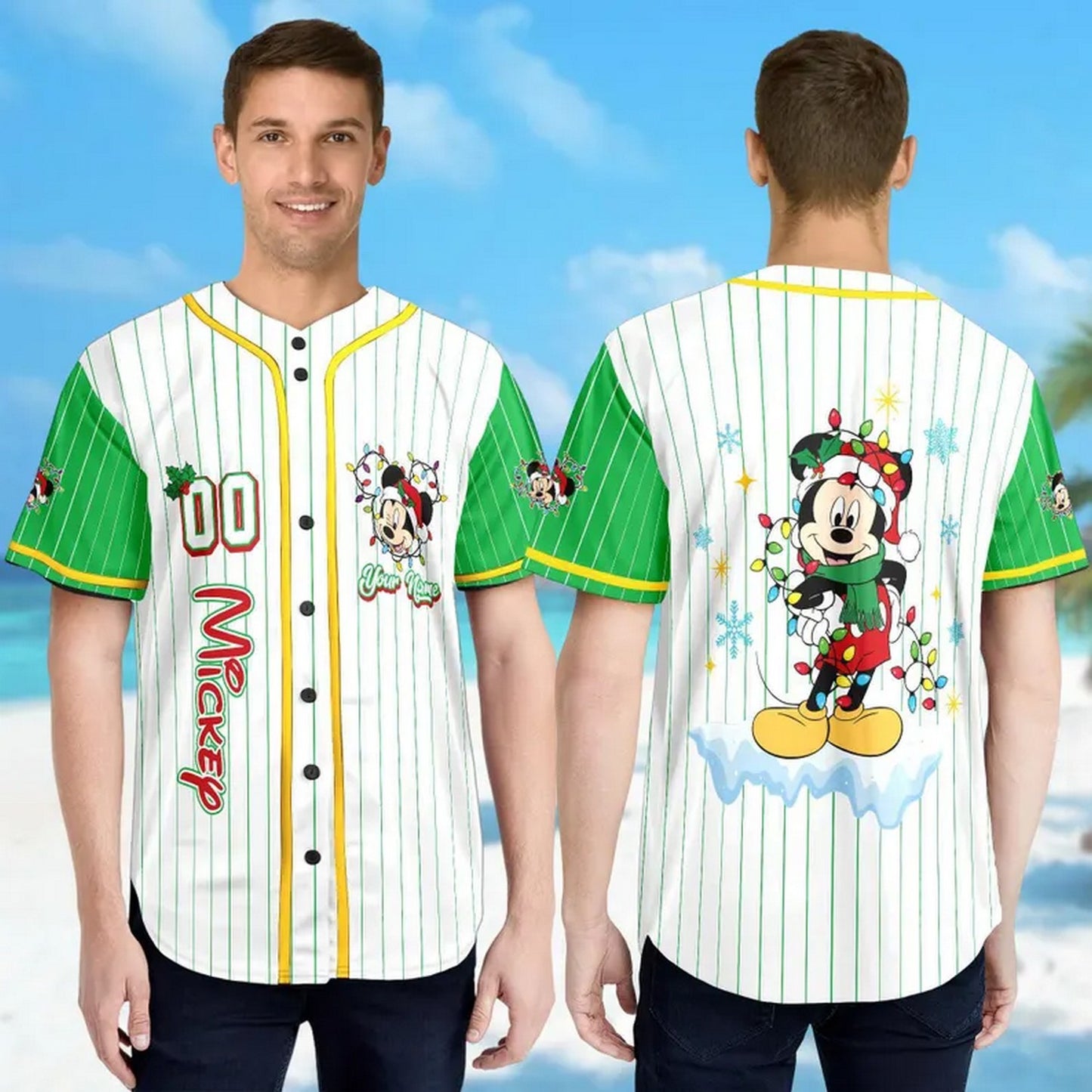 Custom Name And Number Disney Mickey Mouse Christmas Green Baseball Jersey